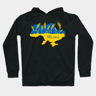 Map of Ukraine decorated with wheat ear in Ukrainian flag colors Hoodie